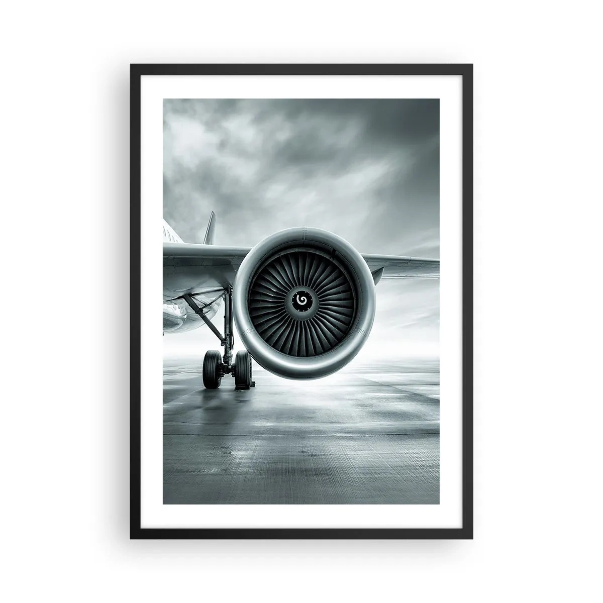Plagát v čiernom ráme - Prúdový motor lietadla v monochromatických tónoch - 50x70cm - Toto je sila! - Moderná nástenná dekorácia do obývacej izby a spálne ARTTOR