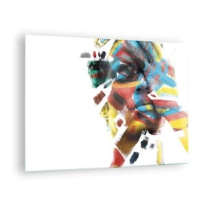 Obraz na skle - Portrét s abstraktnými, farebnými akcentmi na tvári - 70x50cm - Pestrá osobnosť - Moderná nástenná dekorácia do obývacej izby a spálne ARTTOR