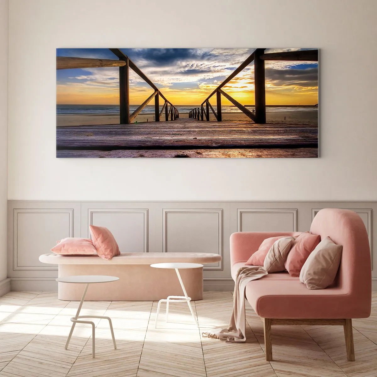 Obraz na skle - Priamo na tichú pláž pri západe slnka - 90x30 cm