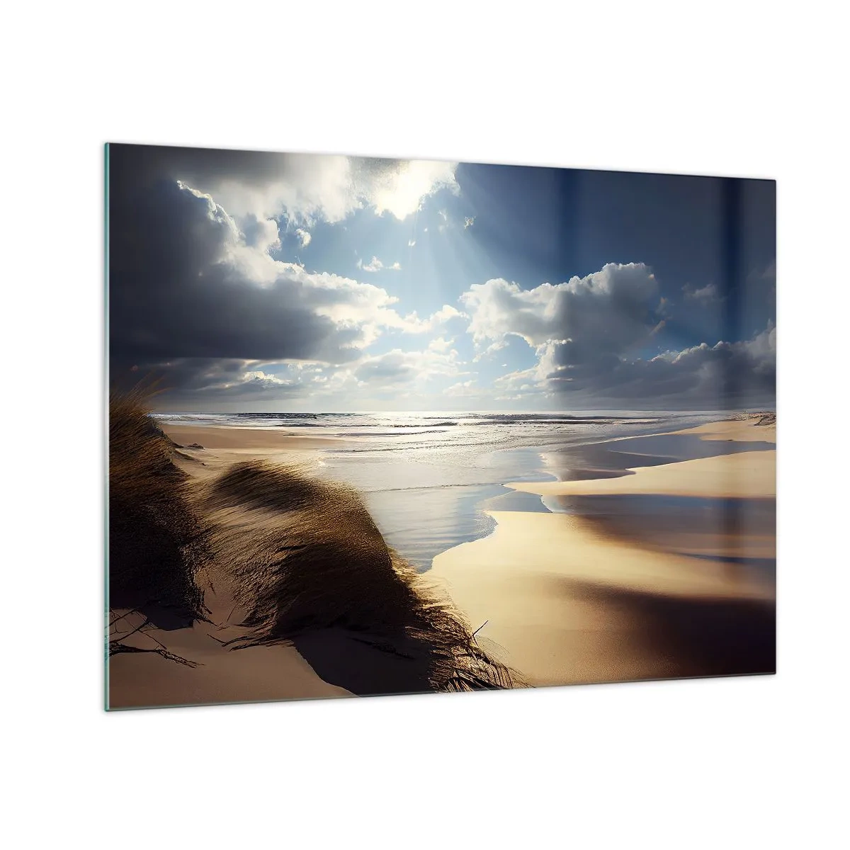 Obraz na skle - Divoká pláž osvetlená slnečnými lúčmi spod oblakov - 70x50cm - Pláž, divoká pláž - Moderná nástenná dekorácia do obývacej izby a spálne ARTTOR