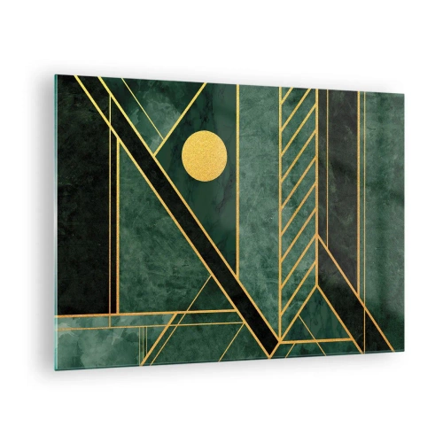 Obraz na skle - Zelená a zlatá geometrická abstrakcia v štýle Art Deco - 70x50cm - Dynamika zlata a lazuritu - Moderná nástenná dekorácia do obývacej izby a spálne ARTTOR