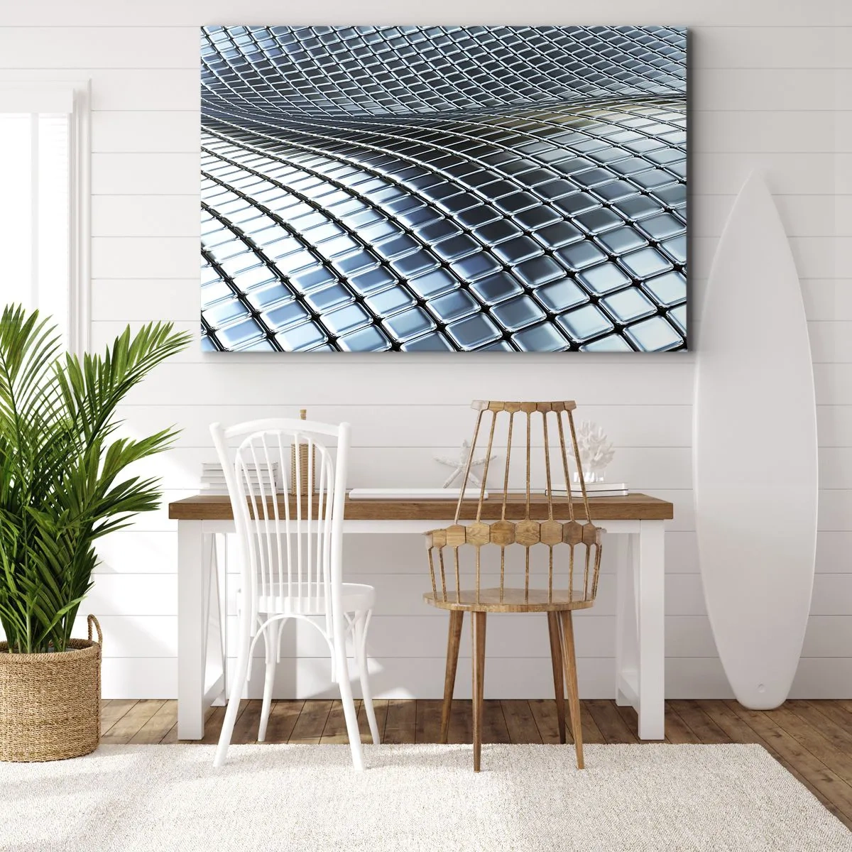 Obraz na plátne - Moderná konštrukcia vyrobená z kovových štvorcov - 70x50cm - Kovová strieborná vlna - Moderná nástenná dekorácia do obývacej izby a spálne ARTTOR