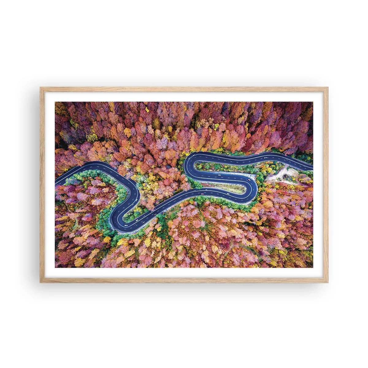 Plagát v ráme zo svetlého duba - Kľukatá cesta lesom - 91x61 cm