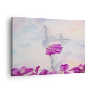 Obraz na plátne - Tanečnica v šatách s kvetinovými lupeňmi na pastelovom pozadí - 70x50cm - Jemná ako kvetina - Moderná nástenná dekorácia do obývacej izby a spálne ARTTOR