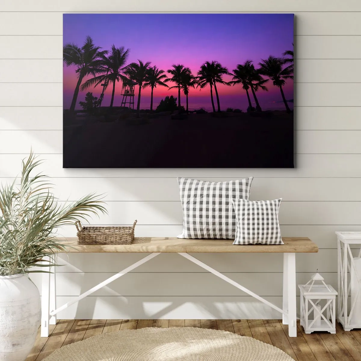Obraz na plátne - Siluety paliem na pozadí ružovo-fialovej oblohy pri západe slnka - 70x50cm - Večer pod palmami - Moderná nástenná dekorácia do obývacej izby a spálne ARTTOR