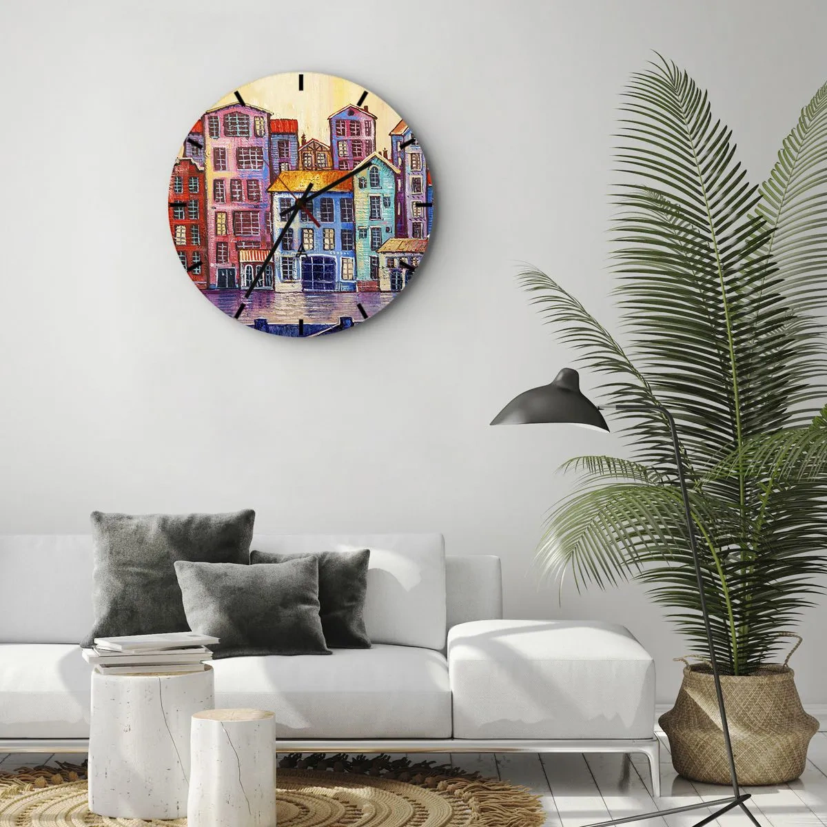 Nástenné hodiny - Farebné činžiakové domy odrážajúce sa vo vode v impresionistickom štýle - 30x30cm - Mesto ako z rozprávky - Moderná nástenná dekorácia do obývacej izby, kuchyne a spálne ARTTOR