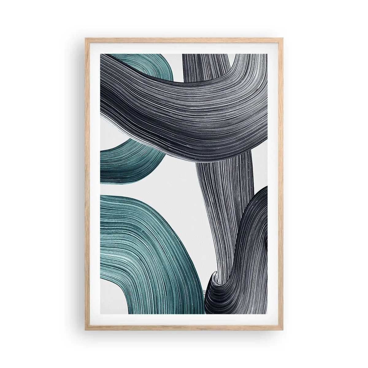 Plagát v ráme zo svetlého duba - Smaragdové a čierne vlny - 61x91 cm