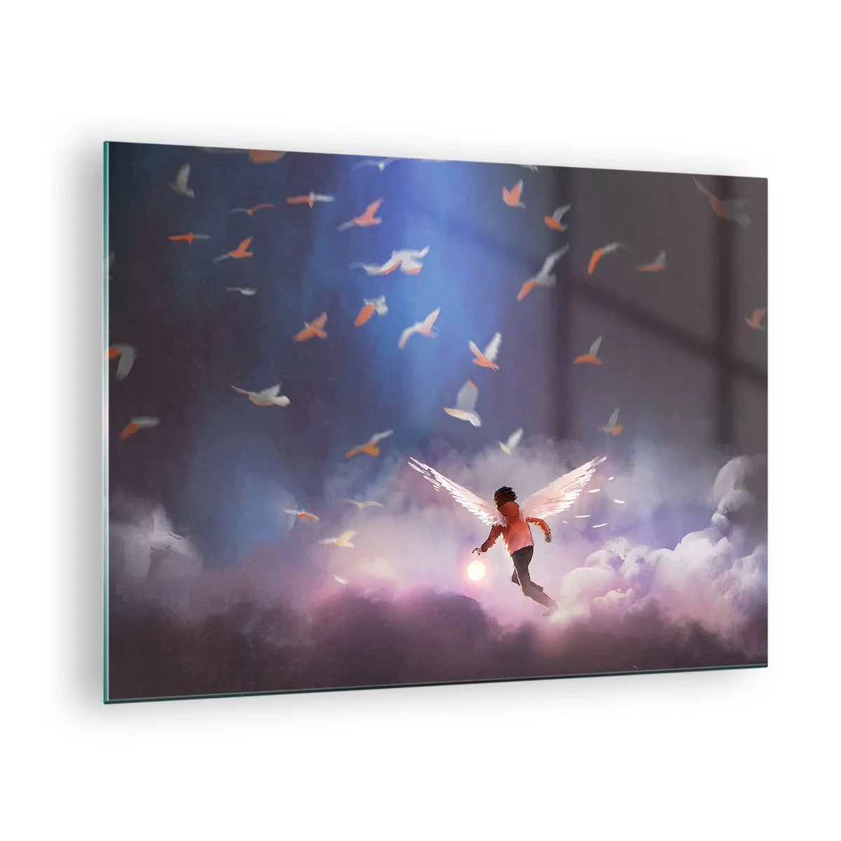 Obraz na skle - Postava s anjelskými krídlami vznášajúca sa medzi oblakmi - 70x50cm - Treba mať odvahu a predstavivosť - Moderná nástenná dekorácia do obývacej izby a spálne ARTTOR
