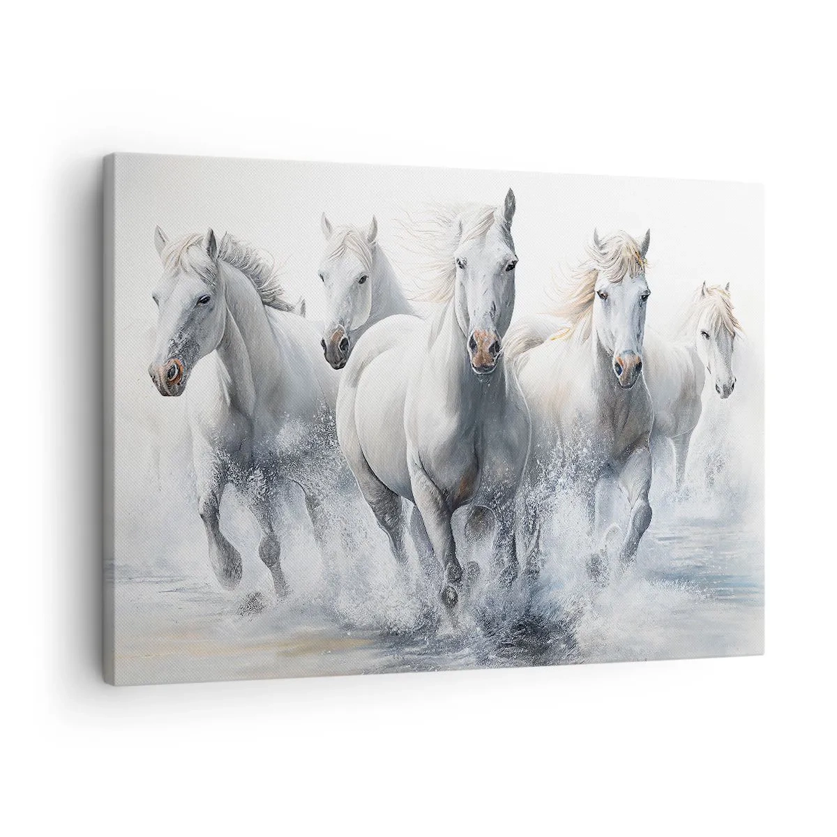 Obraz na plátne - Biele kone cválajúce cez vodu - 70x50cm - Biela mágia - Moderná nástenná dekorácia do obývacej izby a spálne ARTTOR
