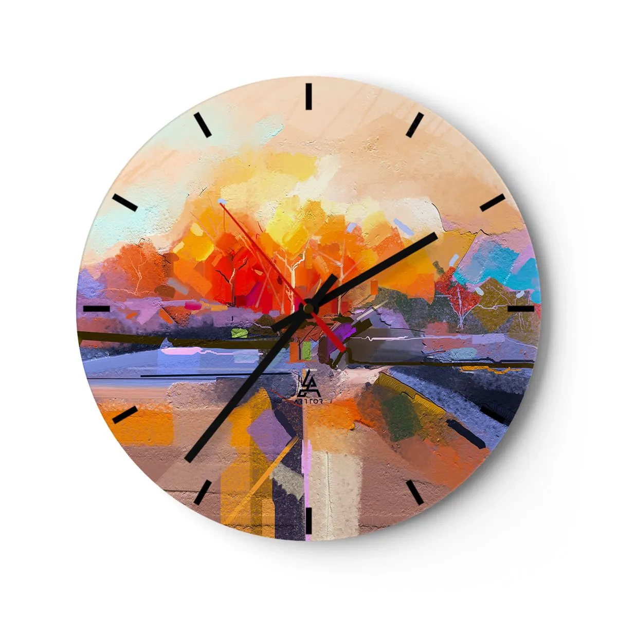 Nástenné hodiny - Abstraktná krajina s jasnými a teplými farbami. - 30x30cm - A bola jeseň - Moderná nástenná dekorácia do obývacej izby, kuchyne a spálne ARTTOR