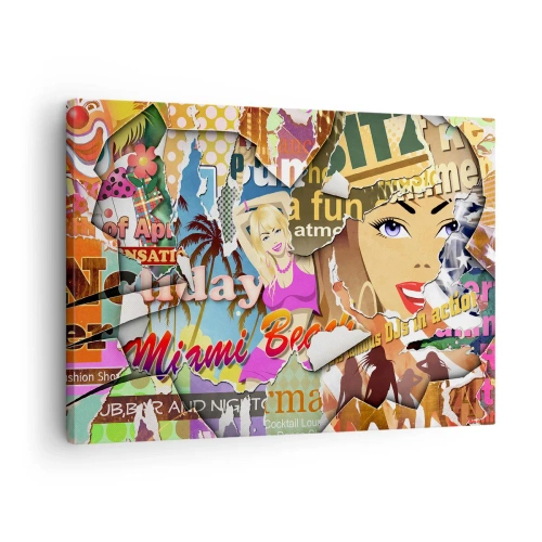 Obraz na plátne - Farebná koláž s retro a pop art prvkami. - 70x50cm - Prázdninová retrospektíva - Moderná nástenná dekorácia do obývacej izby a spálne ARTTOR