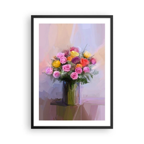 Plagát v čiernom ráme - Kytica ruží a kvetov v sklenenej váze - 50x70cm - Zachytená krása - Moderná nástenná dekorácia do obývacej izby a spálne ARTTOR