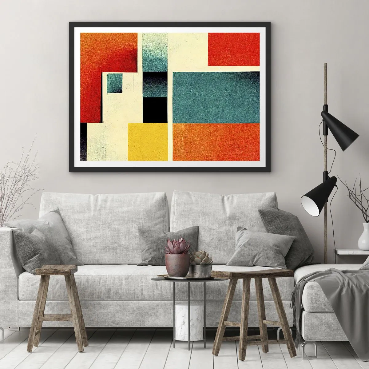 Plagát v čiernom ráme - Geometrická abstrakcia – dobrá energia - 70x50 cm
