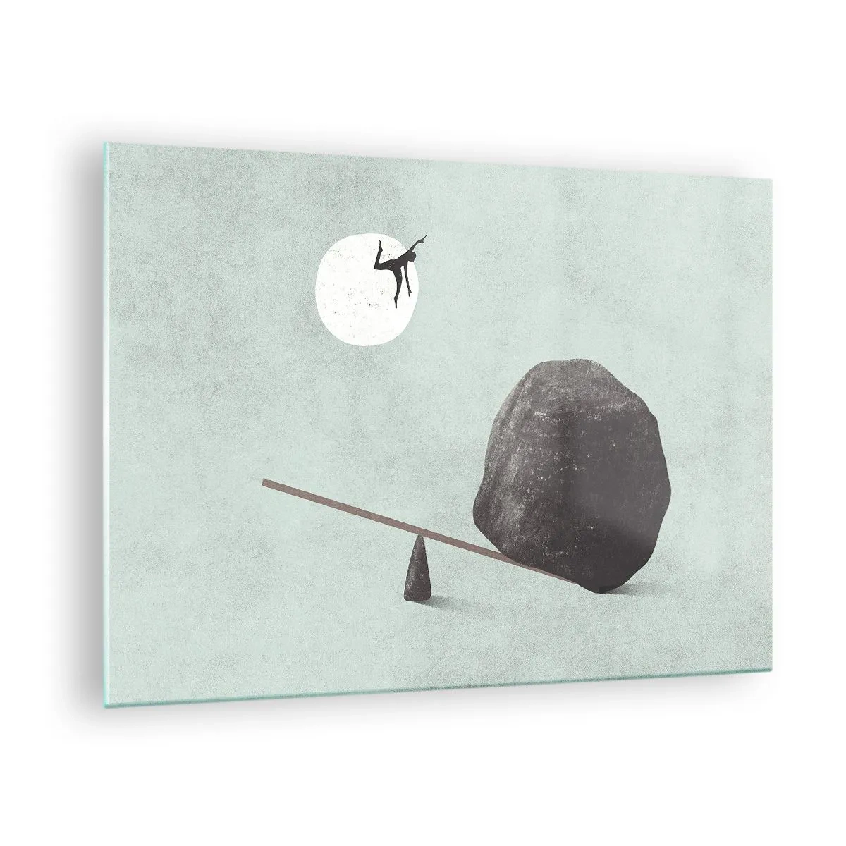 Obraz na skle - Minimalistická scéna s mužom letiacim k Mesiacu. - 70x50cm - Splnený sen - Moderná nástenná dekorácia do obývacej izby a spálne ARTTOR