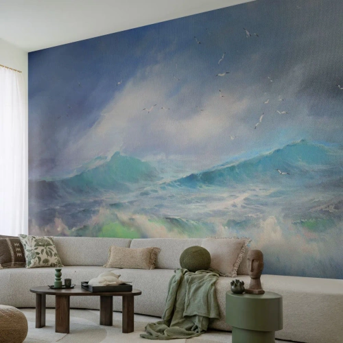 Fototapeta Premium Sand - „Víchrica zavyla triumfálne…“ - Búrka, Vysoká vlna, Vtáky - 500x350 cm