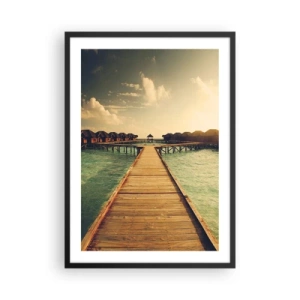 Plagát v čiernom ráme - Drevené mólo vedúce k vodným domom pri západe slnka - 50x70cm - Vrelé pozvanie - Moderná nástenná dekorácia do obývacej izby a spálne ARTTOR