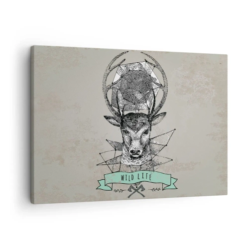 Obraz na plátne - Geometria jeleňa vo vintage štýle s nápisom Wild Life - 70x50cm - Videnie sv. Huberta - Moderná nástenná dekorácia do obývacej izby a spálne ARTTOR