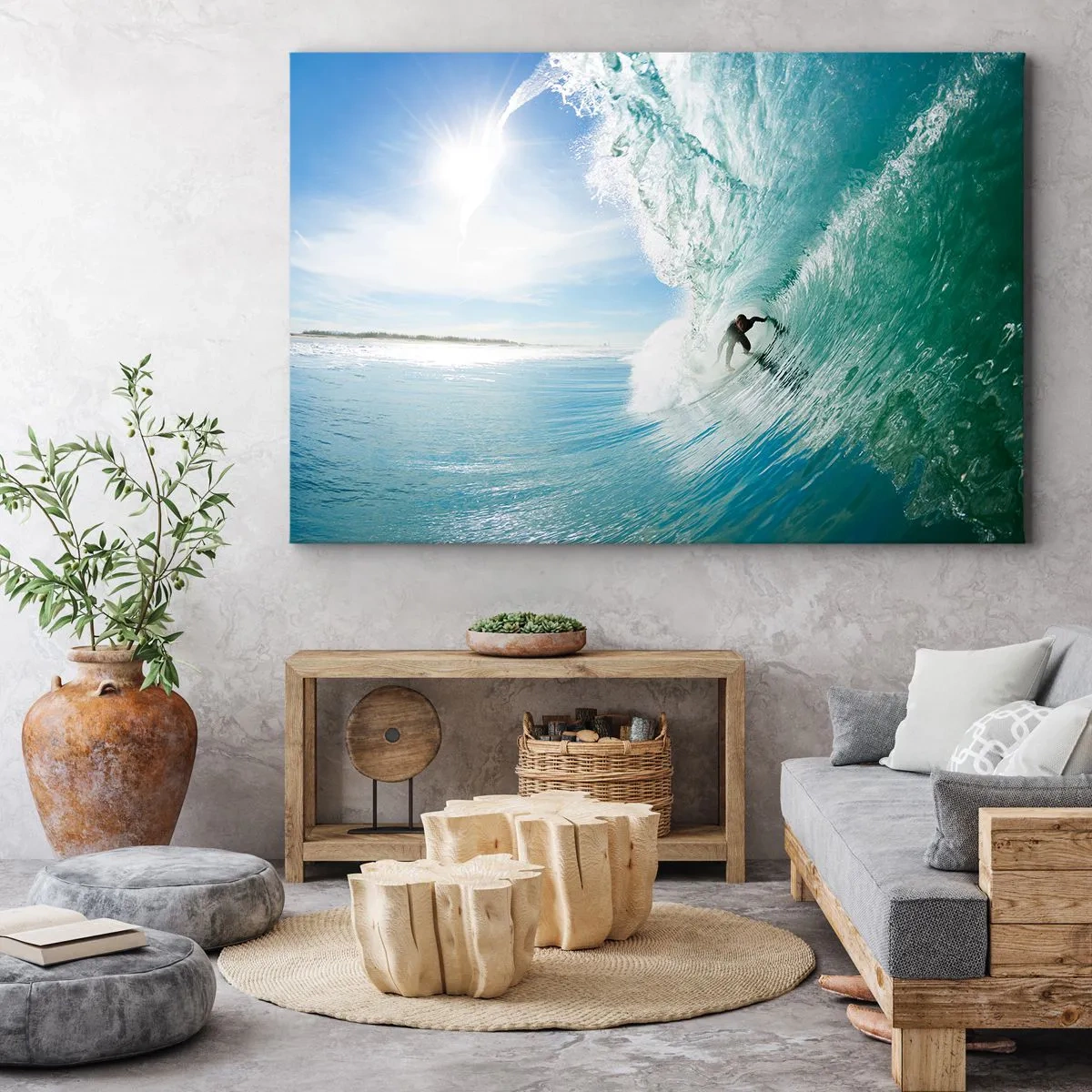 Obraz na plátne - Surfer jazdiaci na vlne na slnku proti modrej oblohe - 70x50cm - Vždy na povrchu - Moderná nástenná dekorácia do obývacej izby a spálne ARTTOR