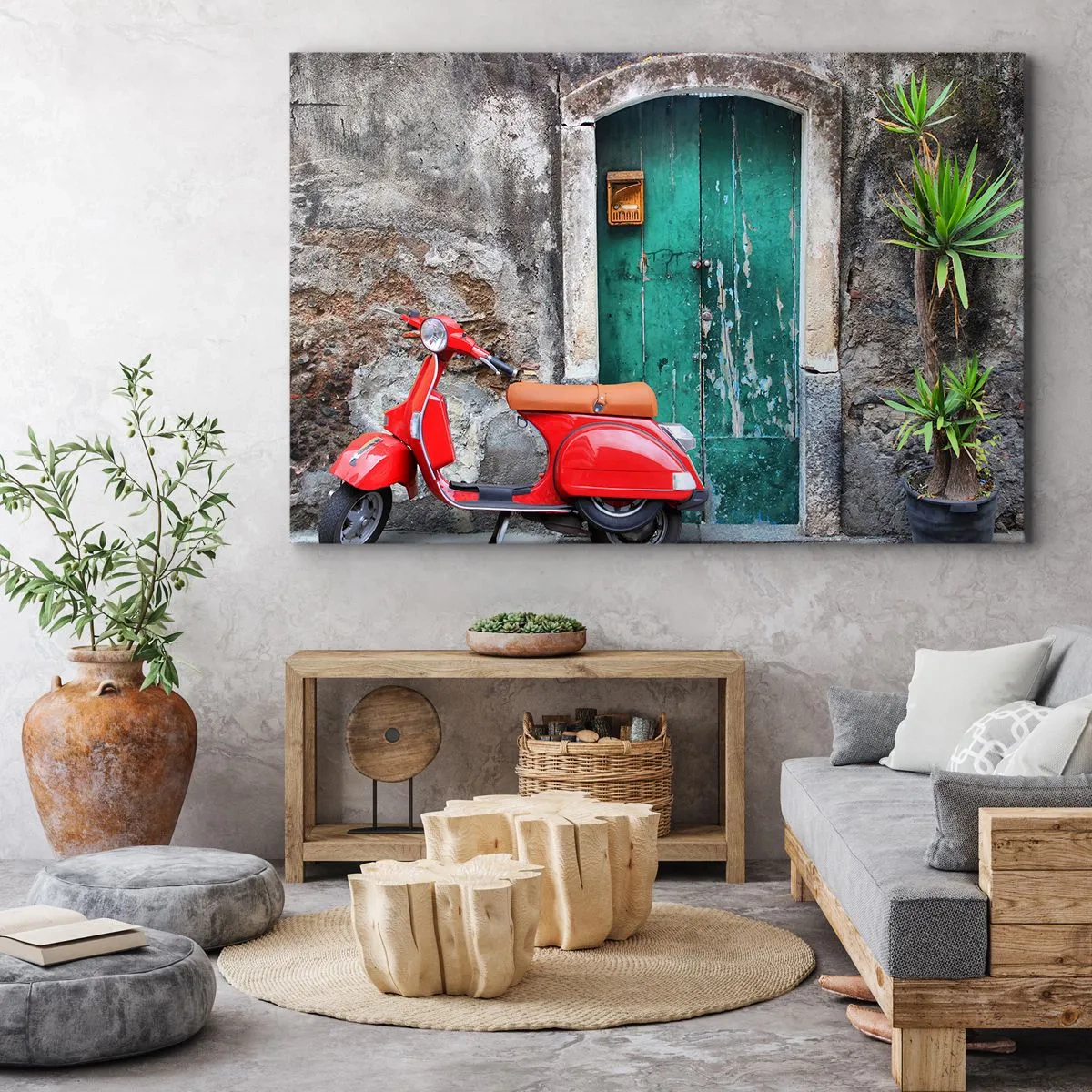 Obraz na plátne - Červený skúter pri zelených dverách - 70x50cm - Talianske prázdniny - Moderná nástenná dekorácia do obývacej izby a spálne ARTTOR