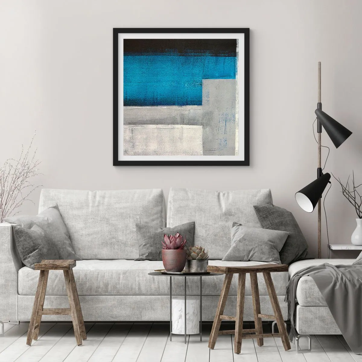 Plagát v čiernom ráme - Poetická kompozícia šedej a modrej - 50x50 cm