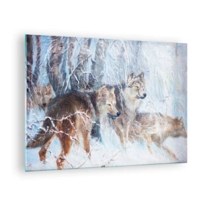 Obraz na skle - Traja vlci v zimnom lese obklopenom snehom - 70x50cm - Pozor! Prichádza… - Moderná nástenná dekorácia do obývacej izby a spálne ARTTOR