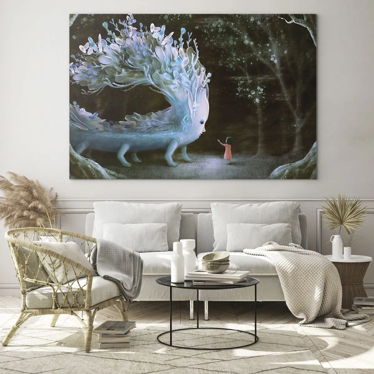 Obraz na skle - Dievča stretne v lese magického tvora. - 70x50cm - Fantastické stretnutie - Moderná nástenná dekorácia do obývacej izby a spálne ARTTOR