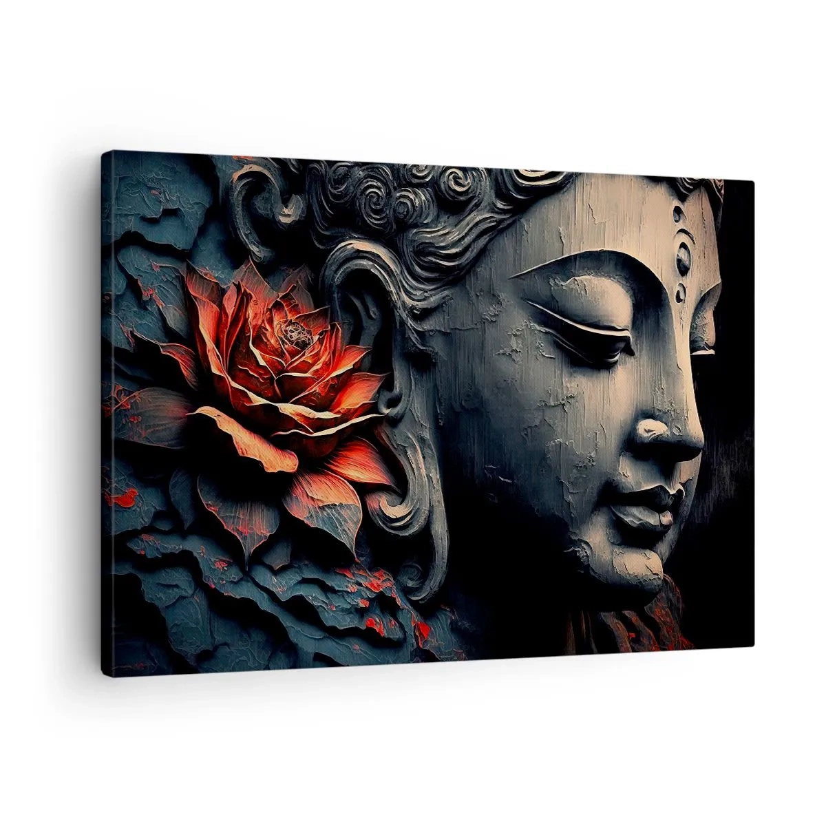 Obraz na plátne - Socha Budhu s červeným lotosovým kvetom - 70x50cm - V súlade so svetom - Moderná nástenná dekorácia do obývacej izby a spálne ARTTOR