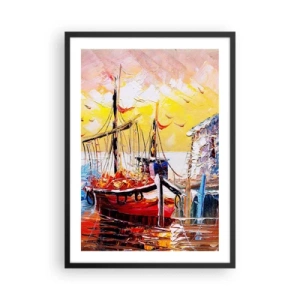 Plagát v čiernom ráme - Malebná loď na pozadí zapadajúceho slnka - 50x70cm - Šťastný návrat - Moderná nástenná dekorácia do obývacej izby a spálne ARTTOR