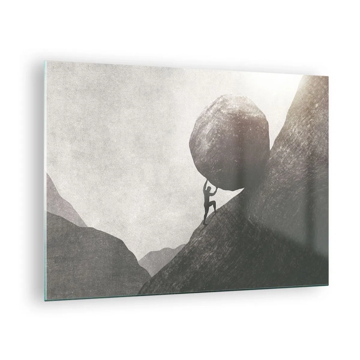 Obraz na skle - Postava tlačiaca balvan do kopca na pozadí horskej krajiny - 70x50cm - Verím, proti všetkej nádeji - Moderná nástenná dekorácia do obývacej izby a spálne ARTTOR