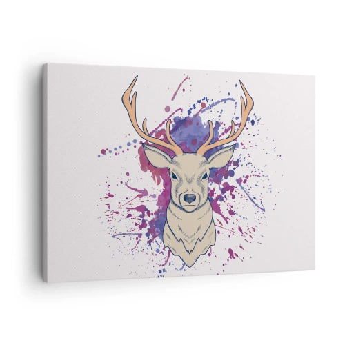 Obraz na plátne - Portrét jeleňa s abstraktnými škvrnami v pozadí - 70x50cm - Odvaha a rovnováha - Moderná nástenná dekorácia do obývacej izby a spálne ARTTOR