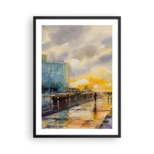 Plagát v čiernom ráme - Malebná ulica v daždi pri západe slnka - 50x70cm - Život na pobreží - Moderná nástenná dekorácia do obývacej izby a spálne ARTTOR
