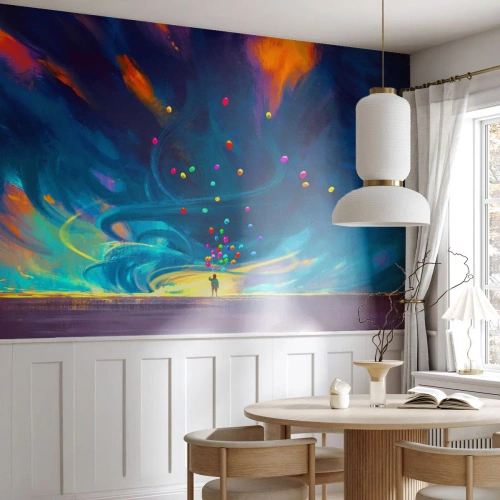 Fototapeta Standard Eco - Postava s balónmi smerujúca k víriacej oblohe plnej farieb - 100x70cm - Na modrý vietor - Moderná nástenná dekorácia do obývacej izby a spálne ARTTOR