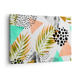 Obraz na plátne - Tropický vzor s listami a geometrickými tvarmi - 70x50cm - Dekorácia s palmovým listom - Moderná nástenná dekorácia do obývacej izby a spálne ARTTOR