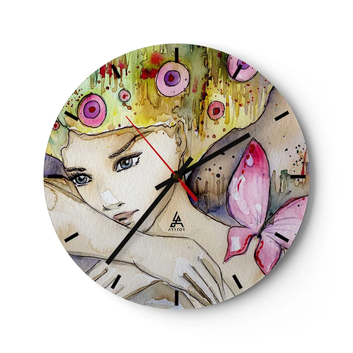 Nástenné hodiny - Akvarelová maľba ženy s motívom motýľa a farebnými detailmi. - 30x30cm - Motýlia princezná - Moderná nástenná dekorácia do obývacej izby, kuchyne a spálne ARTTOR