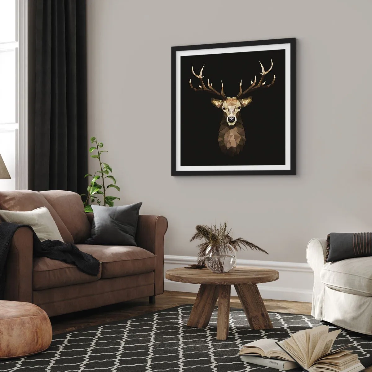 Plagát v čiernom ráme - Kubistický jeleň - 60x60 cm