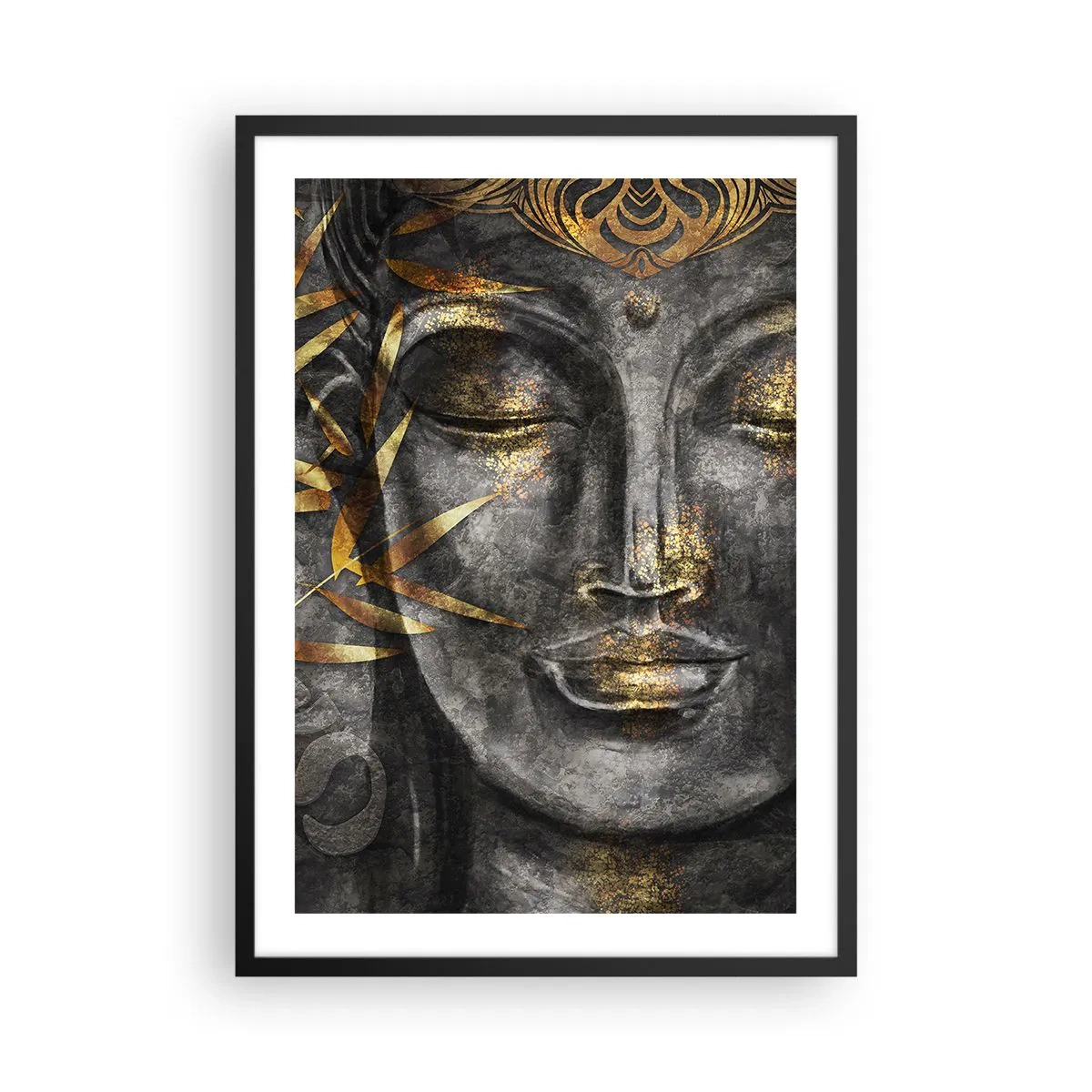 Plagát v čiernom ráme - Portrét Budhu so zlatou žiarou a prvkami bambusových listov - 50x70cm - Pocíťte pokoj - Moderná nástenná dekorácia do obývacej izby a spálne ARTTOR