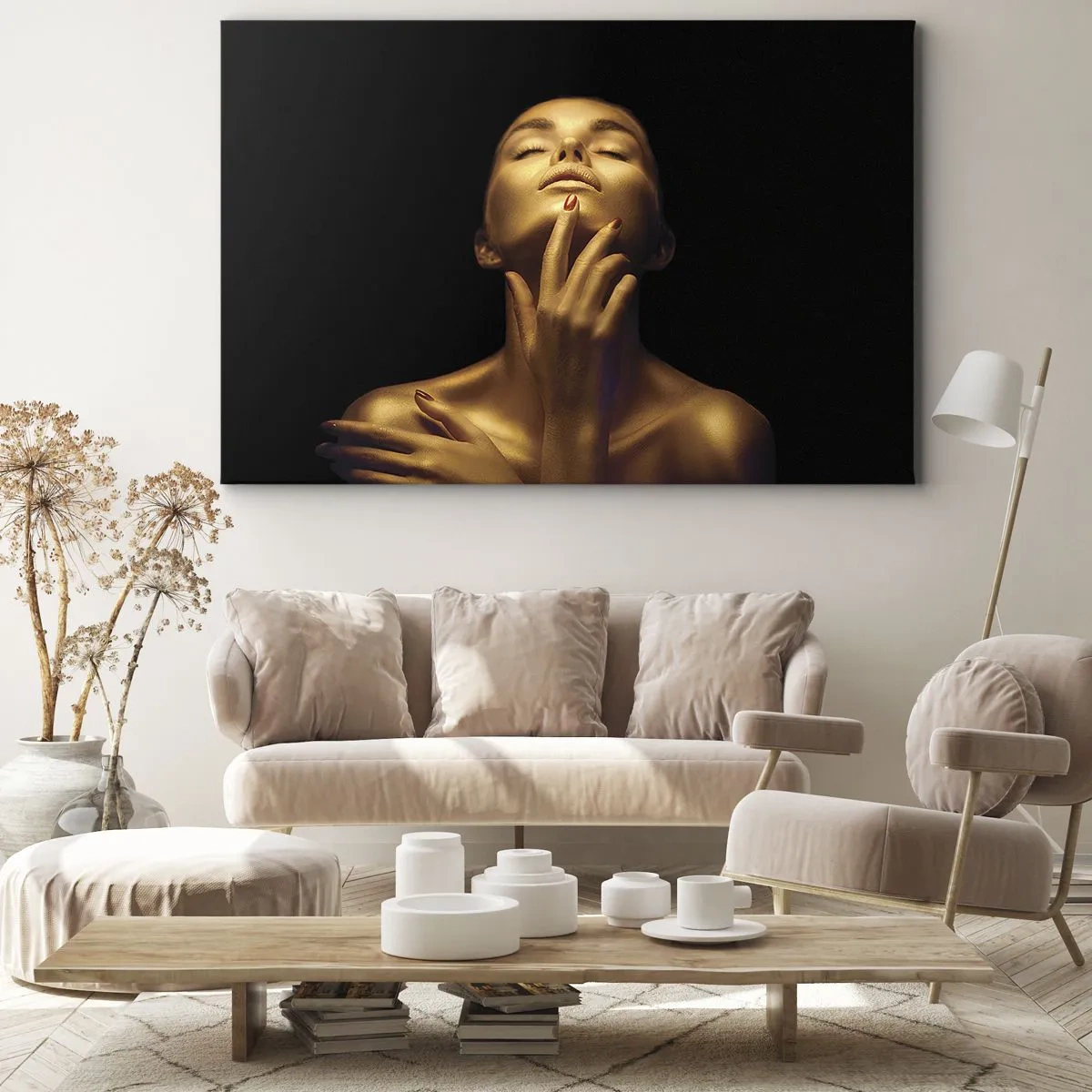 Obraz na plátne - Portrét ženy v zlatej žiari na čiernom pozadí - 70x50cm - Ako zlatý hodváb - Moderná nástenná dekorácia do obývacej izby a spálne ARTTOR
