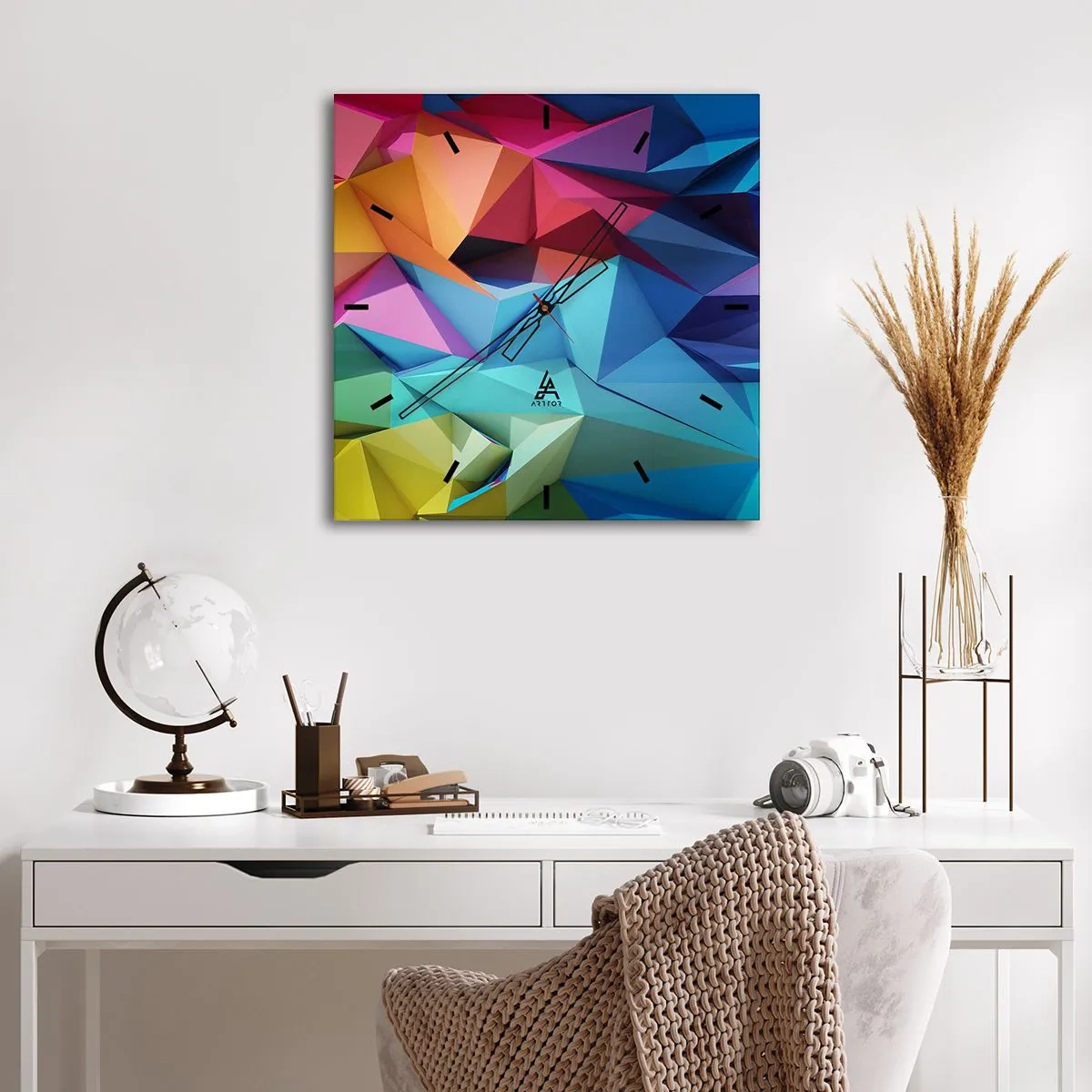 Nástenné hodiny - Dúhové origami - 30x30 cm