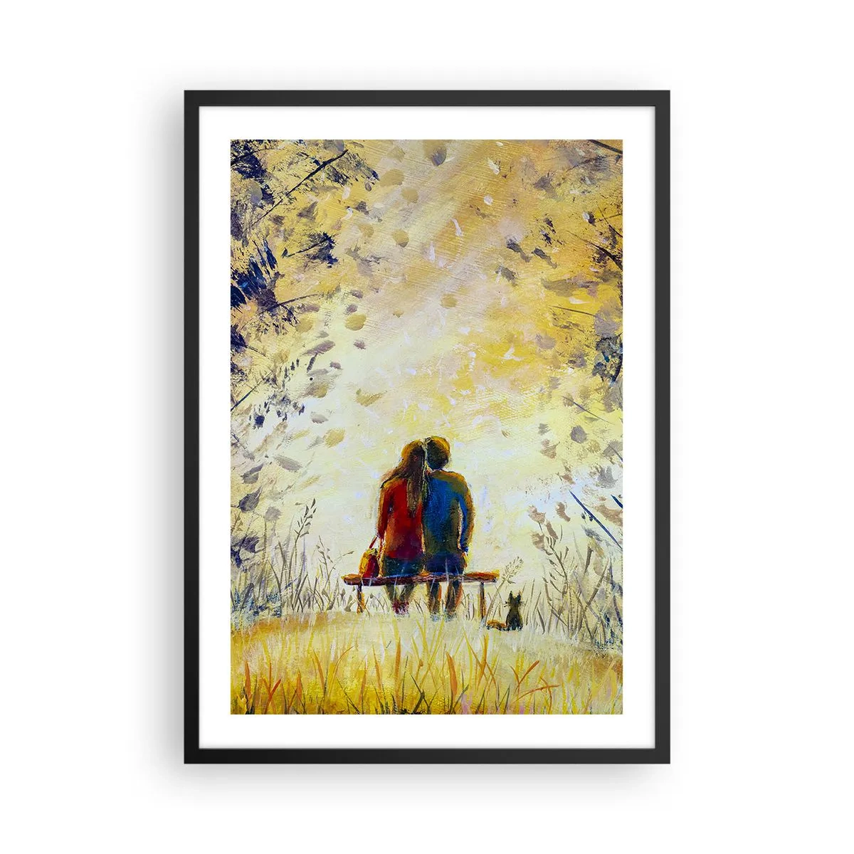 Plagát v čiernom ráme - Pár sediaci na lavičke uprostred jesenných farieb pri západe slnka - 50x70cm - Magický okamih - Moderná nástenná dekorácia do obývacej izby a spálne ARTTOR