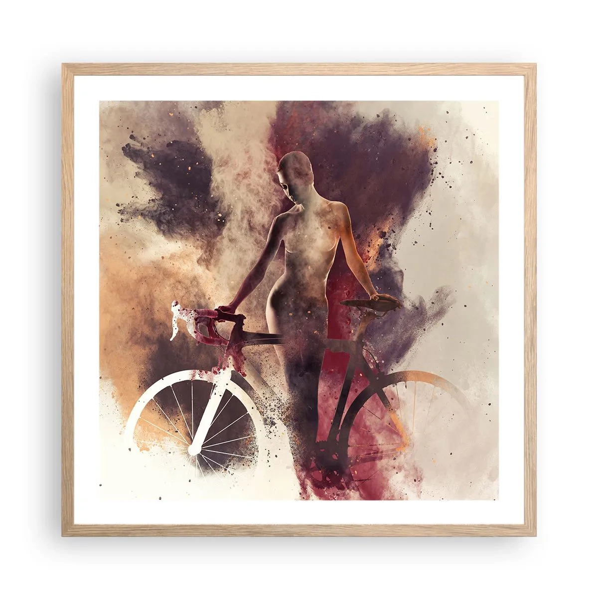 Plagát v ráme zo svetlého duba - Cyklistická duša v mramorových tvaroch - 60x60 cm