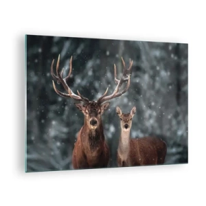 Obraz na skle - Jeleň a laň v zimnom lese pokrytom snehom - 70x50cm - Pán lesa so svojou ženou - Moderná nástenná dekorácia do obývacej izby a spálne ARTTOR