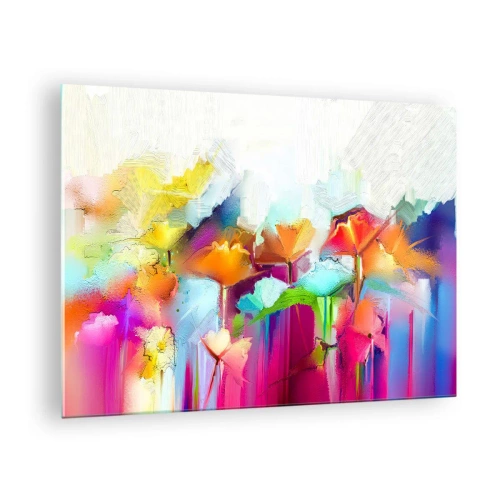 Obraz na skle - Abstraktné kvety v intenzívnych dúhových farbách - 70x50cm - Dúha rozkvitla - Moderná nástenná dekorácia do obývacej izby a spálne ARTTOR
