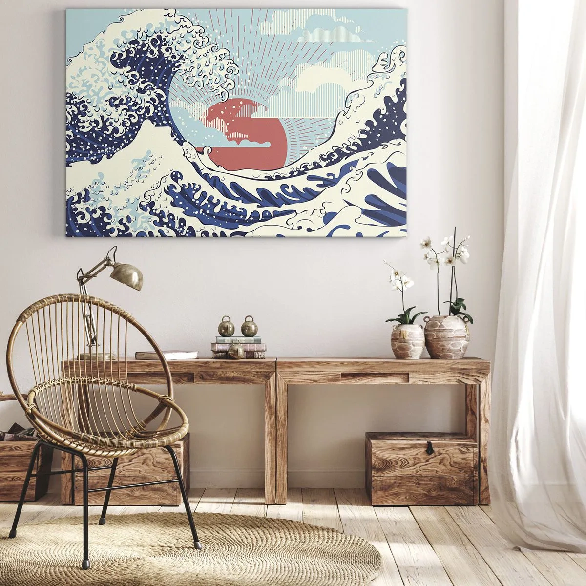 Obraz na plátne - Oceánske vlny a západ slnka v japonskom štýle - 70x50cm - Z japonských inšpirácií - Moderná nástenná dekorácia do obývacej izby a spálne ARTTOR