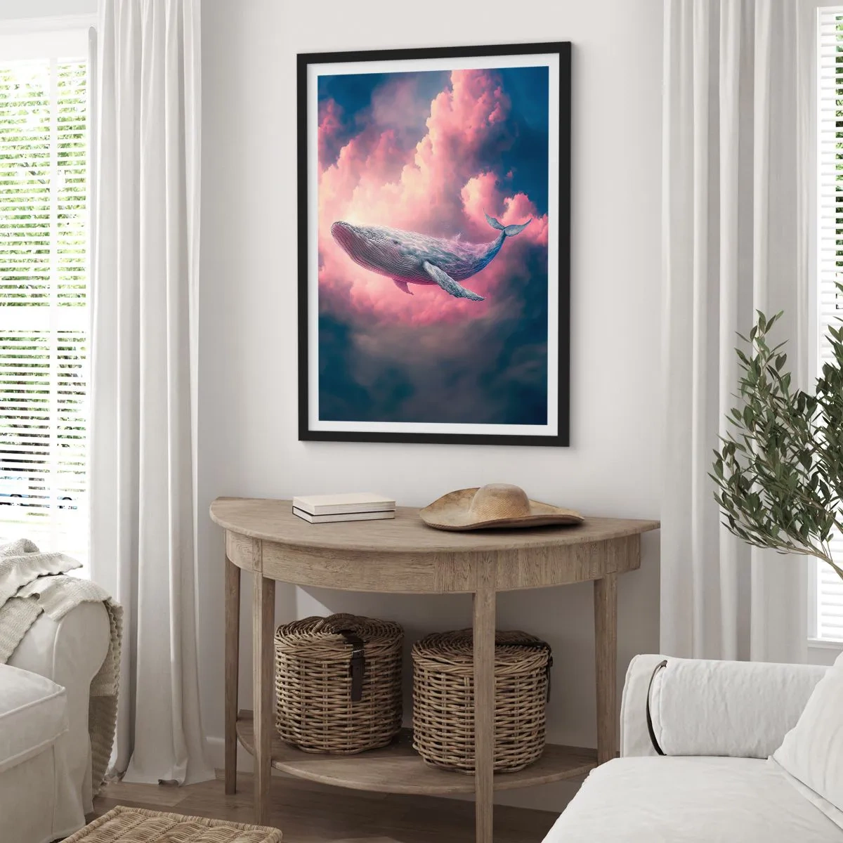 Plagát v čiernom ráme - Veľryba letí medzi ružovými oblakmi pri západe slnka. - 50x70cm - Otri si oči - Moderná nástenná dekorácia do obývacej izby a spálne ARTTOR
