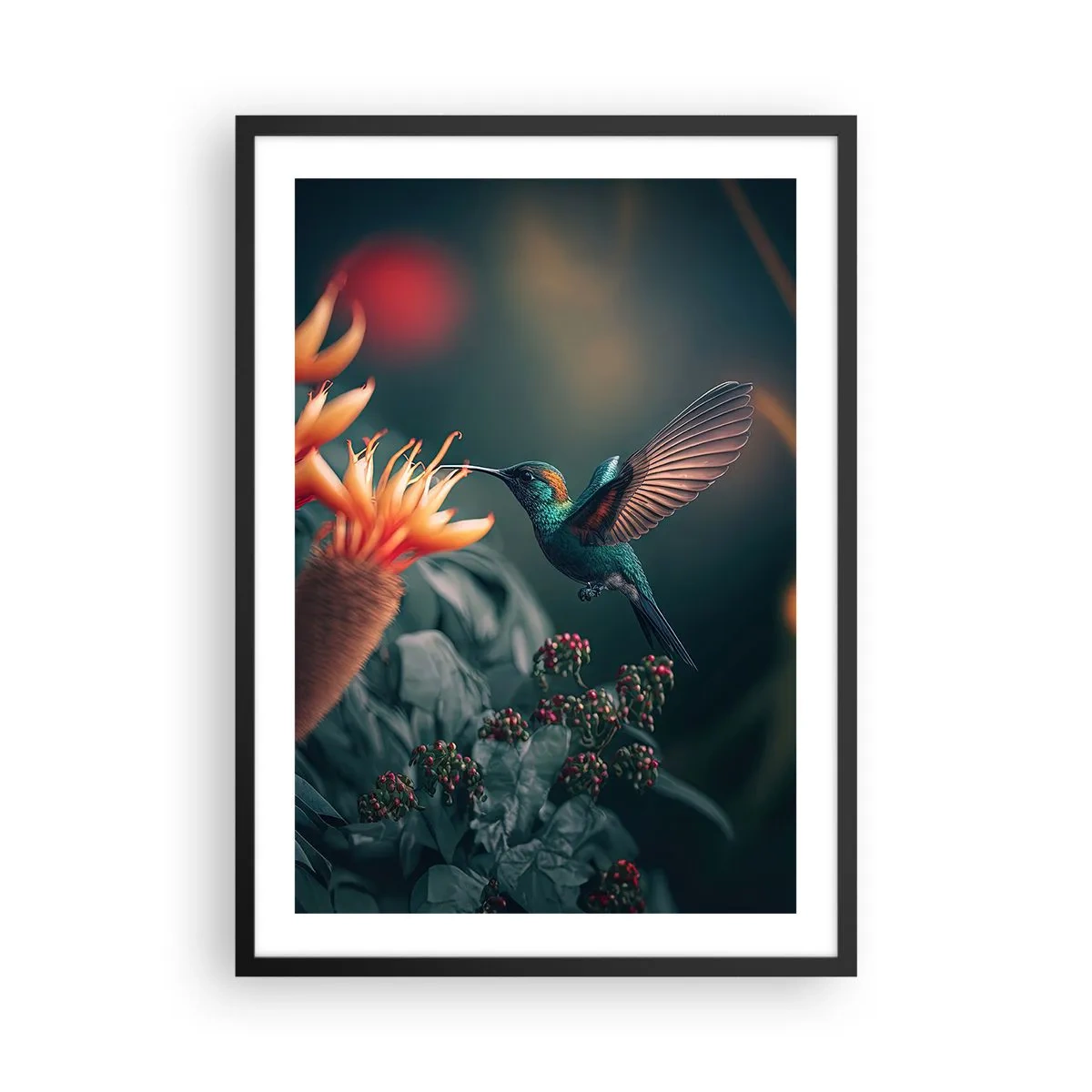 Plagát v čiernom ráme - Farebný kolibrík blízko kvetov uprostred zelene - 50x70cm - Skutočne pestrý život - Moderná nástenná dekorácia do obývacej izby a spálne ARTTOR