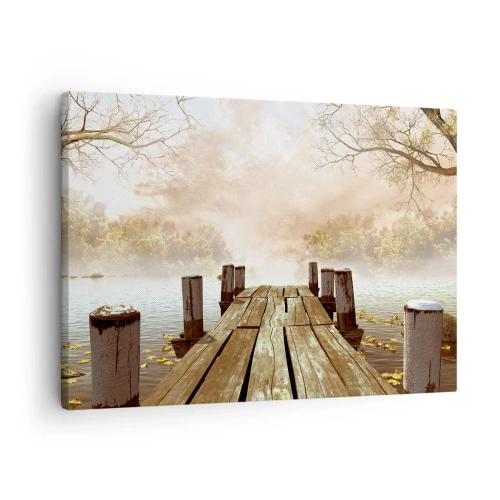 Obraz na plátne - Drevené mólo vedúce k pokojnému jazeru v rannej hmle - 70x50cm - Jemný smútok jesene - Moderná nástenná dekorácia do obývacej izby a spálne ARTTOR