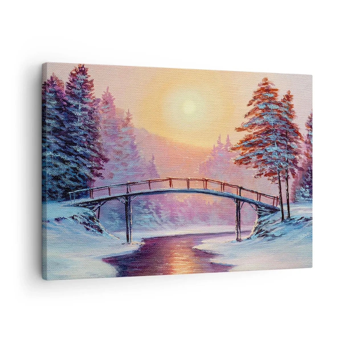 Obraz na plátne - Zimná krajina s mostom osvetleným západom slnka - 70x50cm - Štyri ročné obdobia - zima - Moderná nástenná dekorácia do obývacej izby a spálne ARTTOR