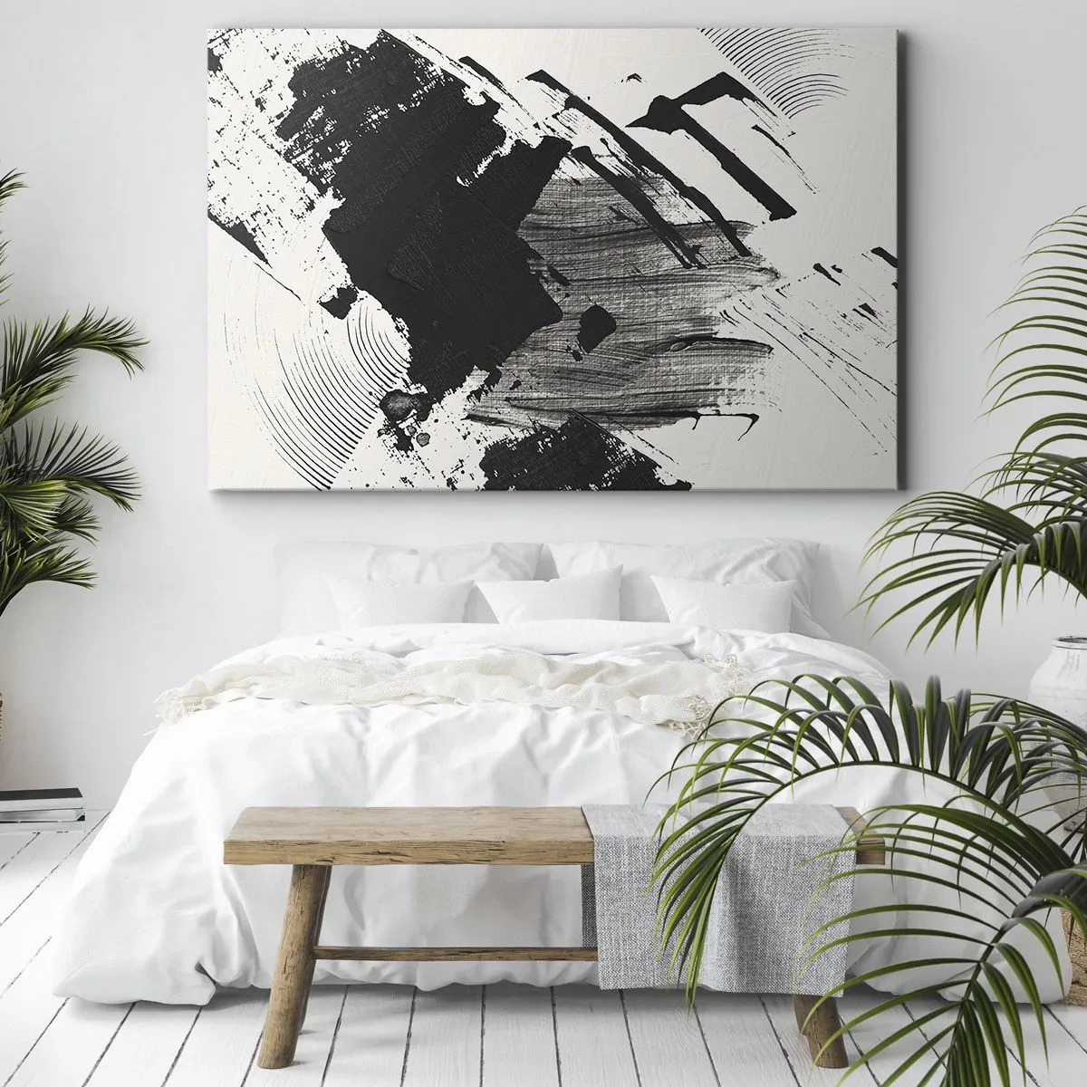 Obraz na plátne - Abstraktné ťahy čiernej farby na bielom pozadí - 70x50cm - Abstrakcia – expresia čiernej - Moderná nástenná dekorácia do obývacej izby a spálne ARTTOR