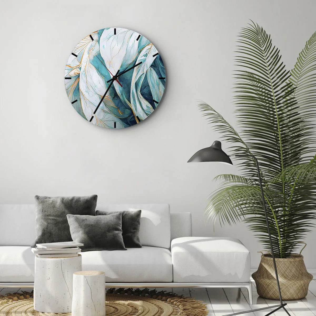 Nástenné hodiny - Zlaté čiary na modrobielom pozadí s jemnou textúrou. - 30x30cm - Modrá abstrakcia so zlatým motívom - Moderná nástenná dekorácia do obývacej izby, kuchyne a spálne ARTTOR