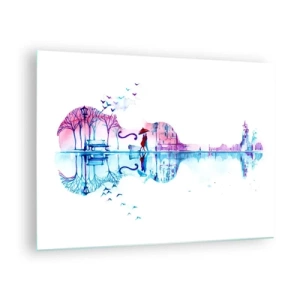 Obraz na skle - Krajina v tvare gitary v akvarelovom štýle - 70x50cm - Prinesiem vám dažďové piesne - Moderná nástenná dekorácia do obývacej izby a spálne ARTTOR